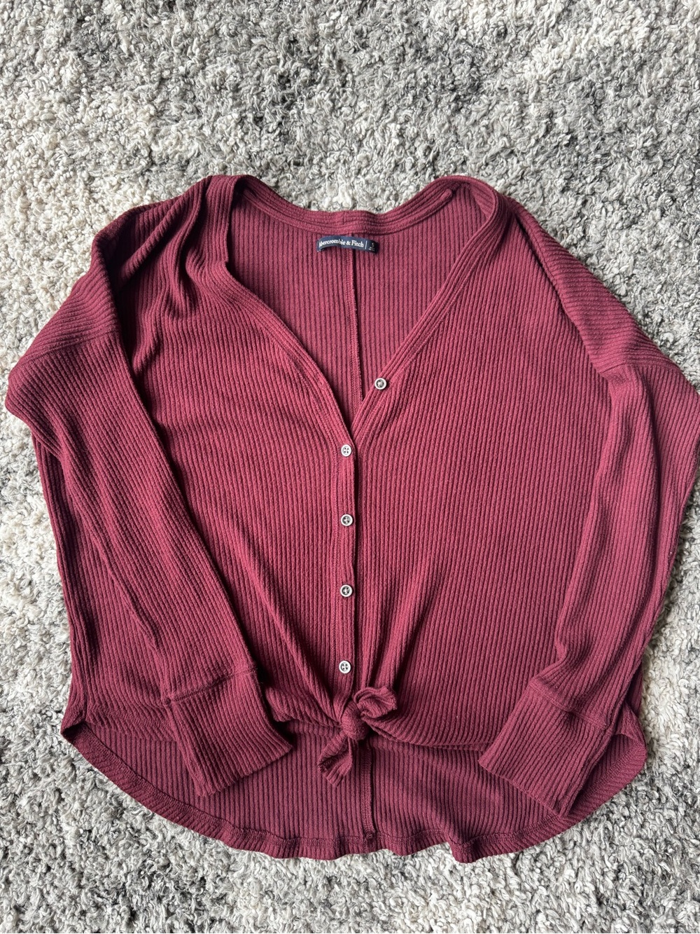 Abercrombie Wine Ribbed Button-Front Tie Hem Top